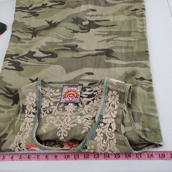 JOHNNY WAS Womens 100% Linen Adeline Dress Size S Side Button Camo Embroidered - Picture 6 of 9